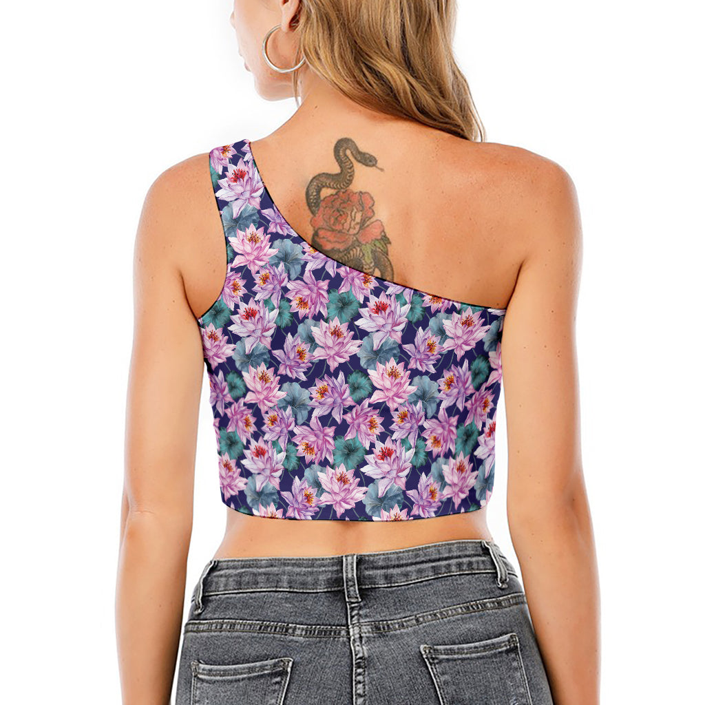 Vintage Lotus Flower Print One Shoulder Crop Top