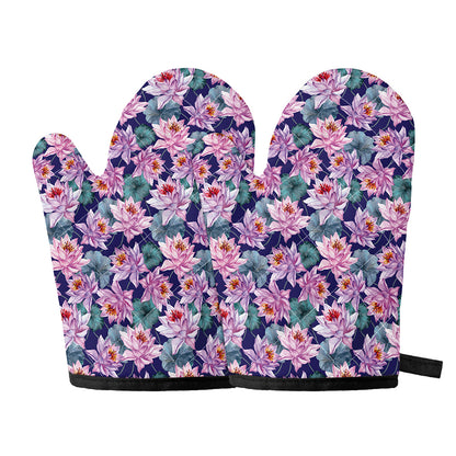 Vintage Lotus Flower Print Oven Mitts