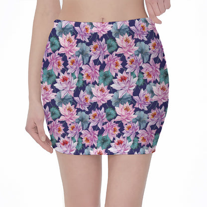 Vintage Lotus Flower Print Pencil Mini Skirt