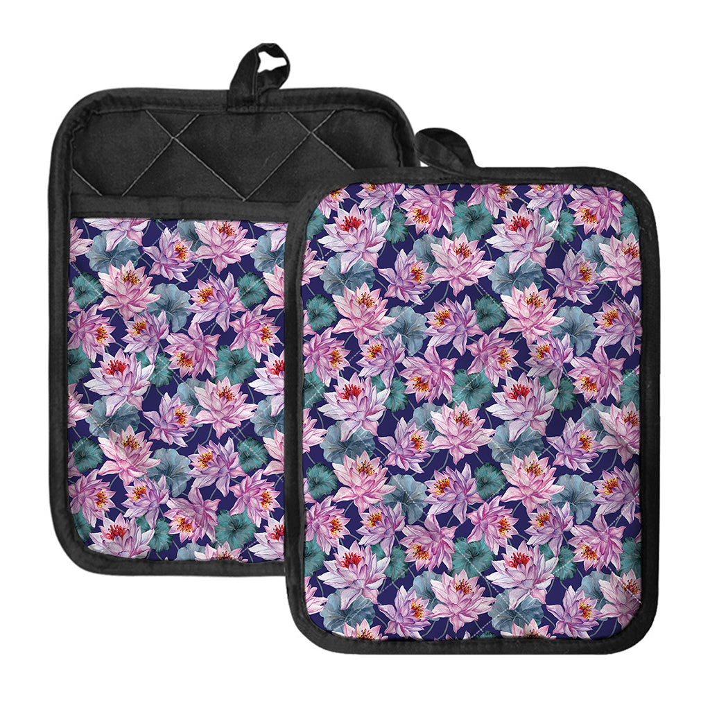 Vintage Lotus Flower Print Pot Holders With Pocket