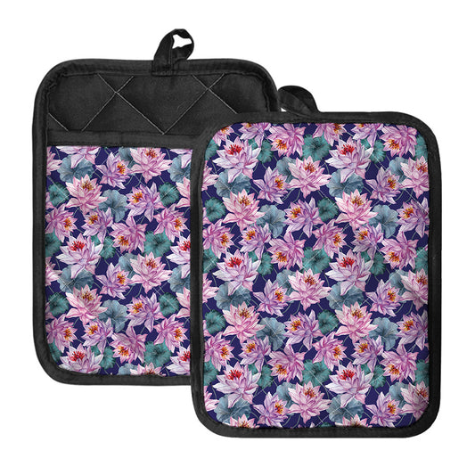 Vintage Lotus Flower Print Pot Holders With Pocket