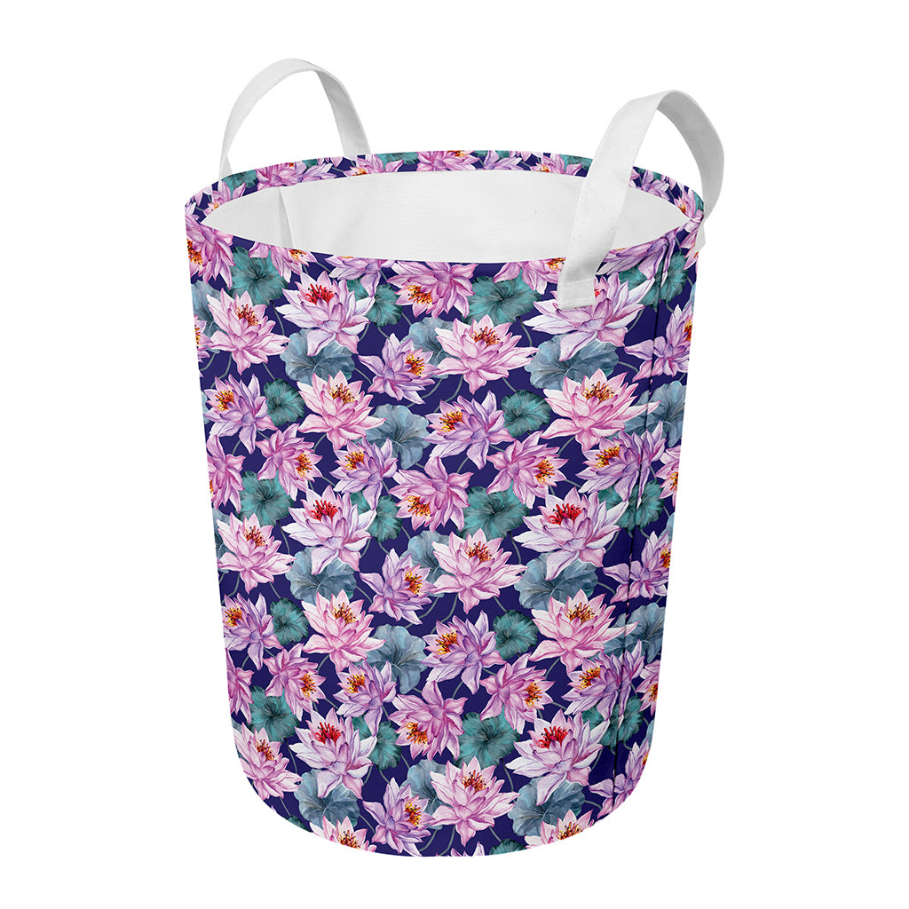 Vintage Lotus Flower Print Round Laundry Basket