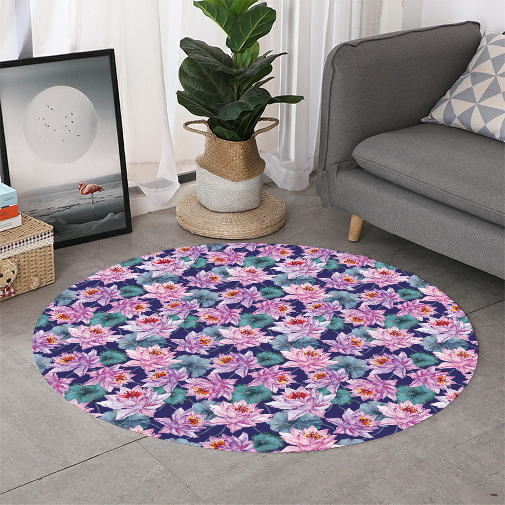 Vintage Lotus Flower Print Round Rug