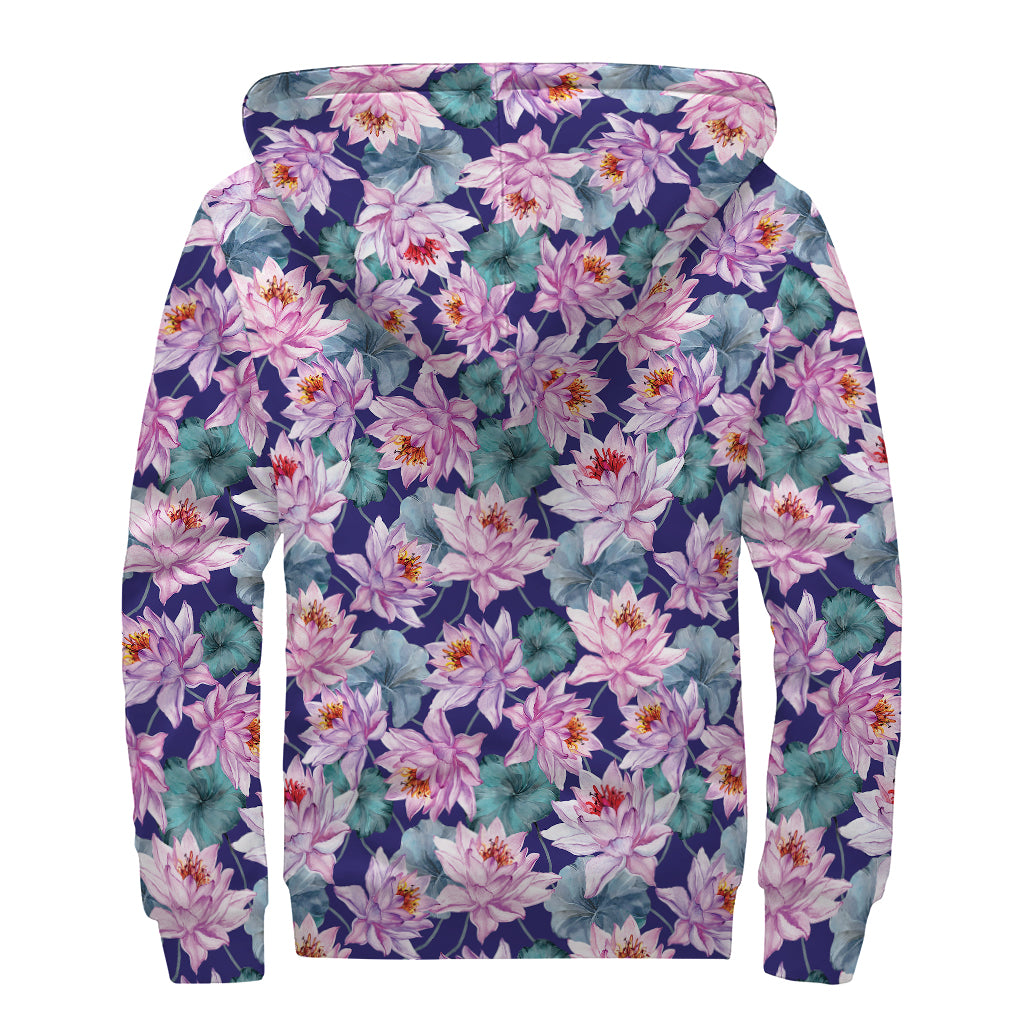 Vintage Lotus Flower Print Sherpa Lined Zip Up Hoodie