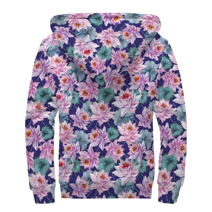 Vintage Lotus Flower Print Sherpa Lined Zip Up Hoodie