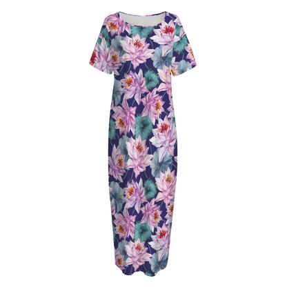 Vintage Lotus Flower Print Short Sleeve Long Nightdress