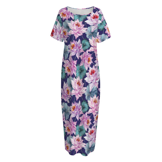 Vintage Lotus Flower Print Short Sleeve Long Nightdress