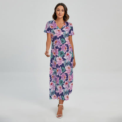 Vintage Lotus Flower Print Short Sleeve Maxi Dress