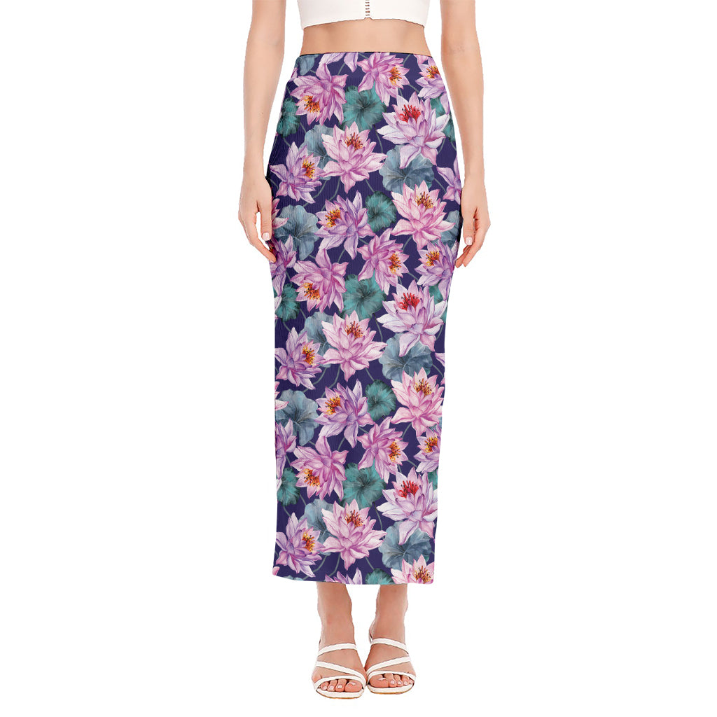 Vintage Lotus Flower Print Side Slit Maxi Skirt