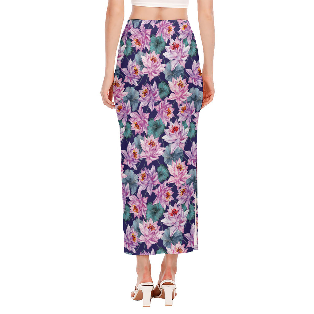 Vintage Lotus Flower Print Side Slit Maxi Skirt