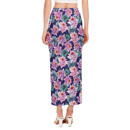 Vintage Lotus Flower Print Side Slit Maxi Skirt