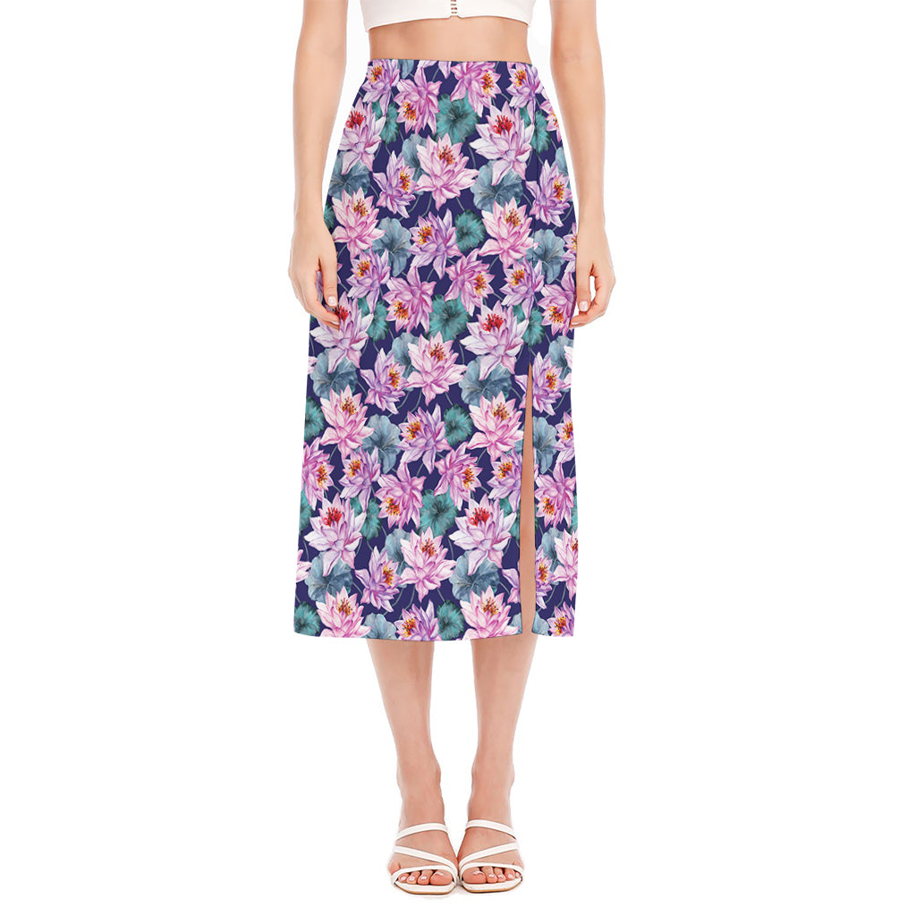 Vintage Lotus Flower Print Side Slit Midi Skirt