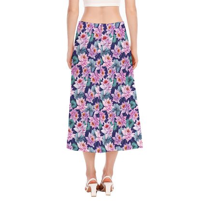 Vintage Lotus Flower Print Side Slit Midi Skirt