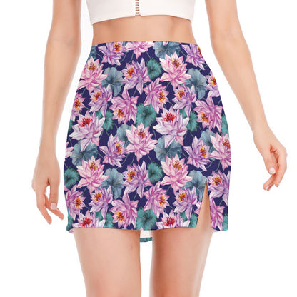 Vintage Lotus Flower Print Side Slit Mini Skirt