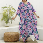 Vintage Lotus Flower Print Silk V-Neck Kaftan Dress