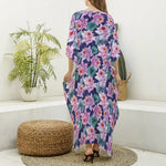 Vintage Lotus Flower Print Silk V-Neck Kaftan Dress