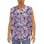 Vintage Lotus Flower Print Sleeveless Baseball Jersey