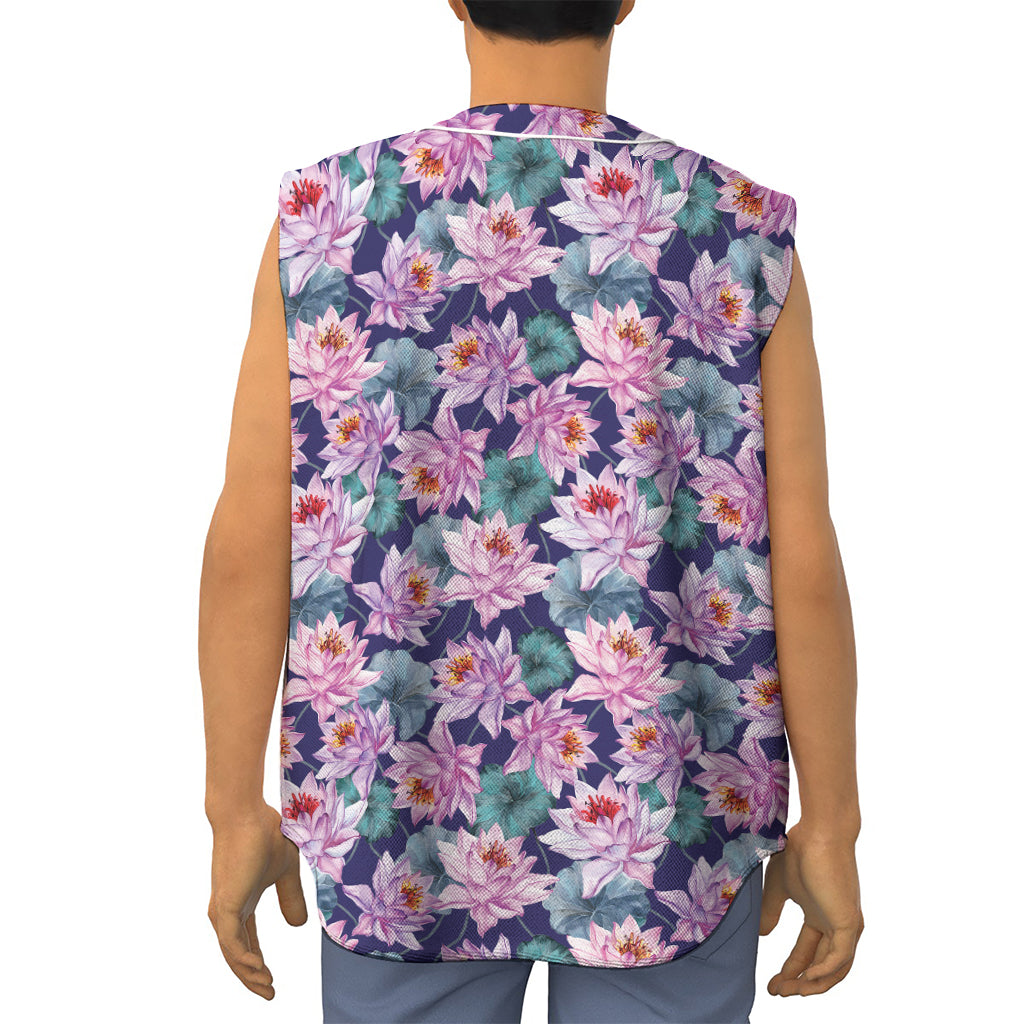 Vintage Lotus Flower Print Sleeveless Baseball Jersey