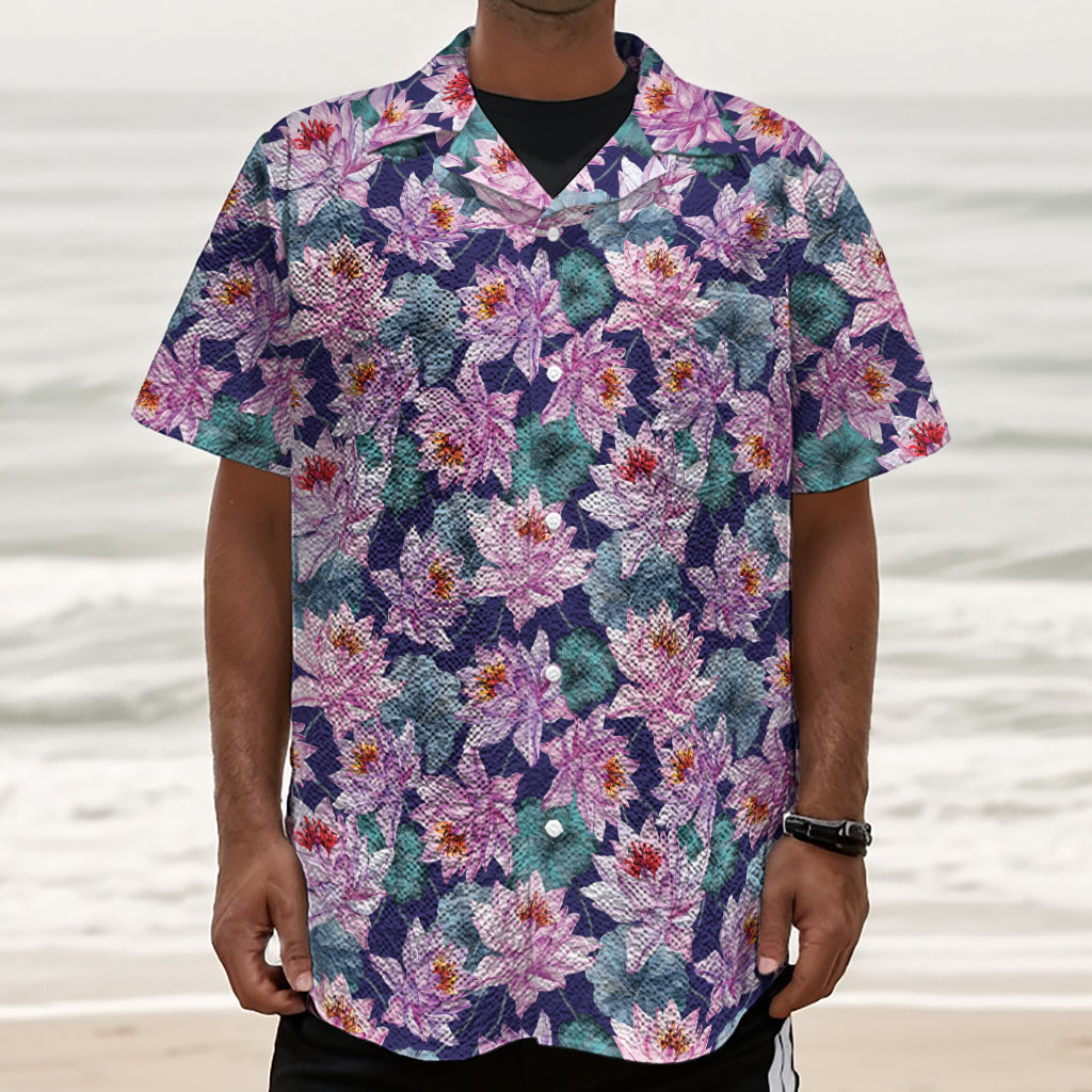 Vintage Lotus Flower Print Textured Short Sleeve Shirt