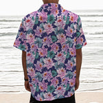 Vintage Lotus Flower Print Textured Short Sleeve Shirt