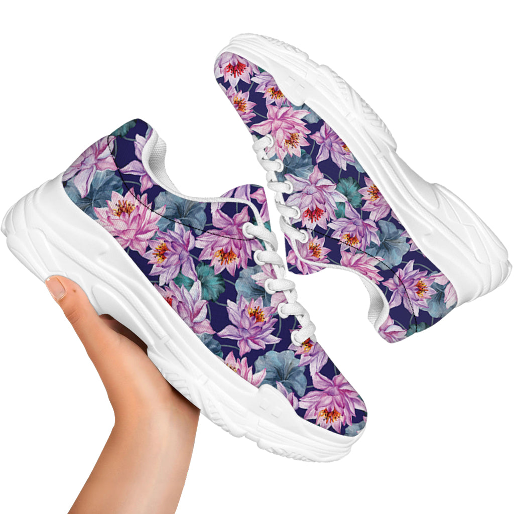 Vintage Lotus Flower Print White Chunky Shoes