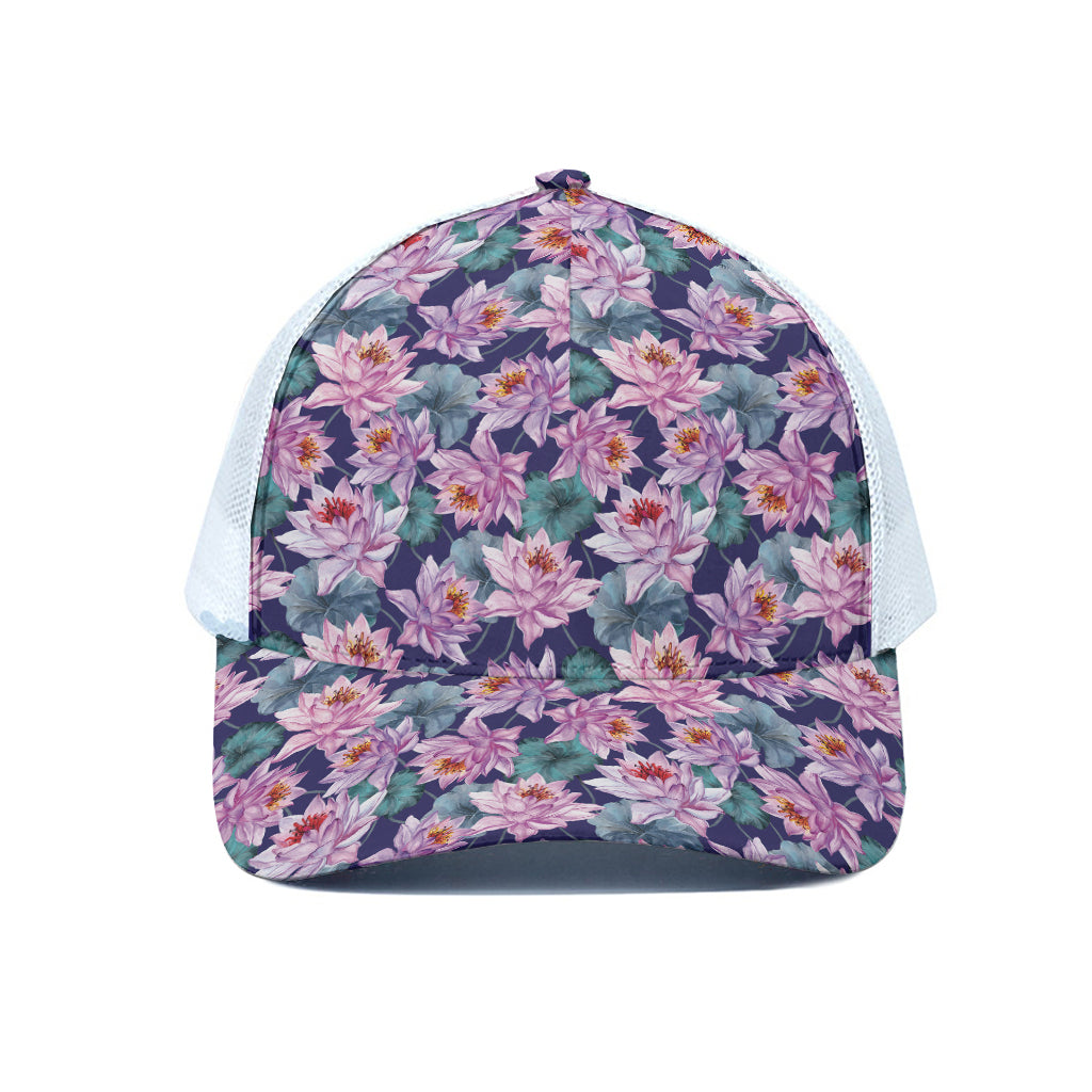 Vintage Lotus Flower Print White Mesh Trucker Cap