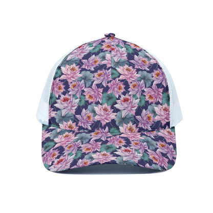 Vintage Lotus Flower Print White Mesh Trucker Cap