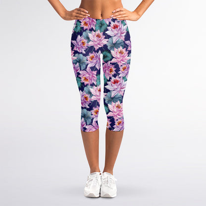 Vintage Lotus Flower Print Women's Capri Leggings