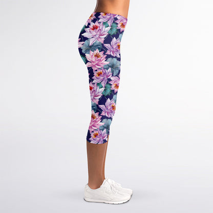 Vintage Lotus Flower Print Women's Capri Leggings