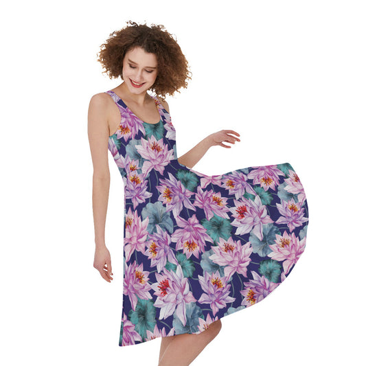 Vintage Lotus Flower Print Women's Sleeveless Dress