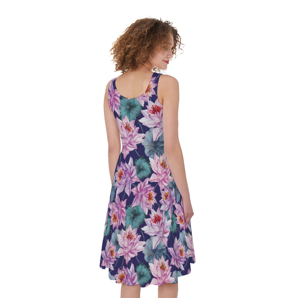 Vintage Lotus Flower Print Women's Sleeveless Dress