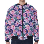 Vintage Lotus Flower Print Zip Sleeve Bomber Jacket