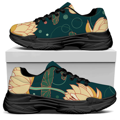 Vintage Lotus Pattern Print Black Chunky Shoes