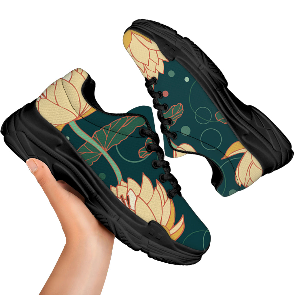 Vintage Lotus Pattern Print Black Chunky Shoes