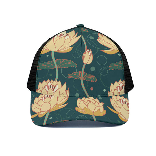 Vintage Lotus Pattern Print Black Mesh Trucker Cap