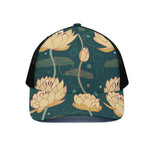 Vintage Lotus Pattern Print Black Mesh Trucker Cap