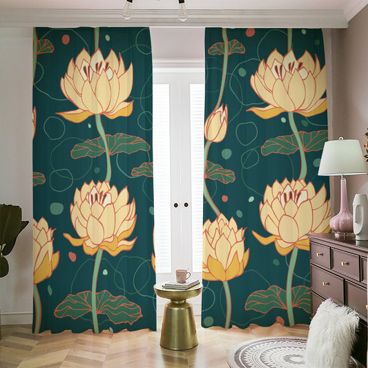 Vintage Lotus Pattern Print Blackout Pencil Pleat Curtains
