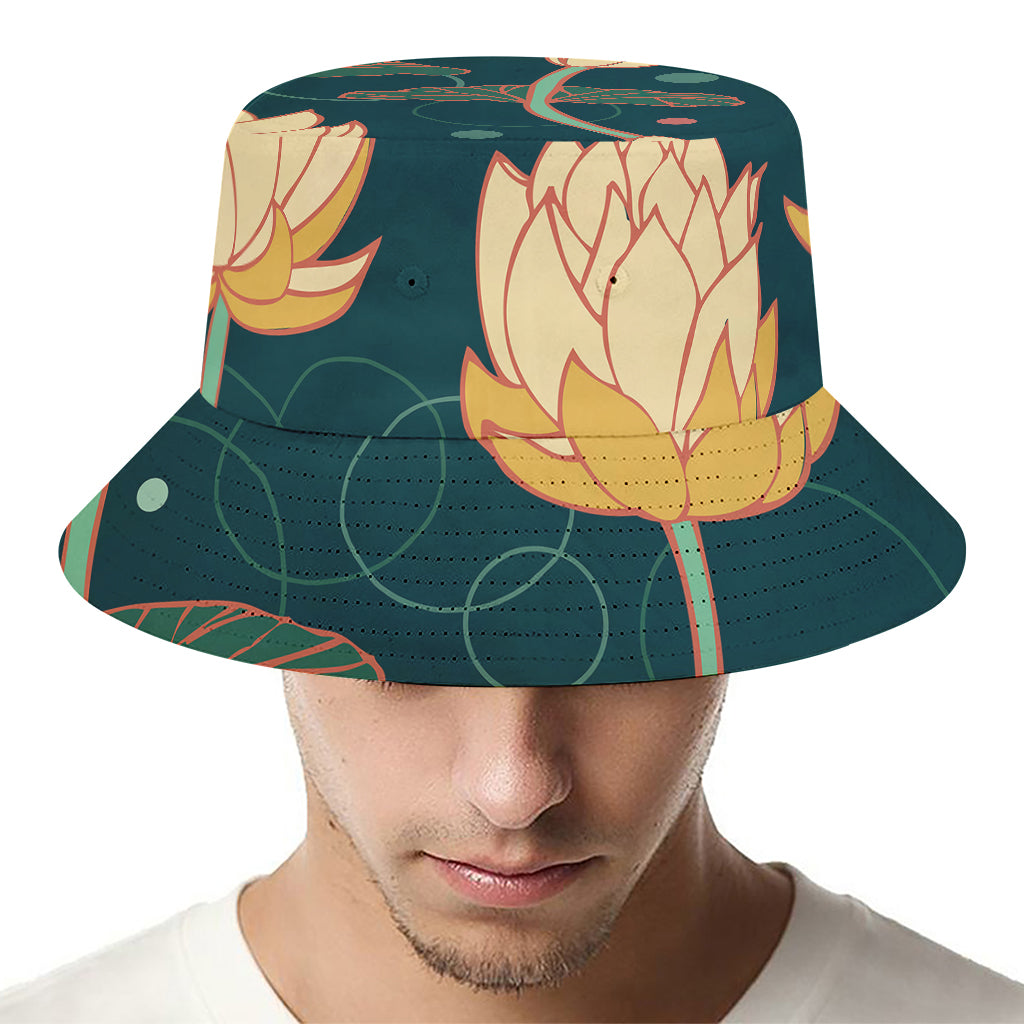 Vintage Lotus Pattern Print Bucket Hat