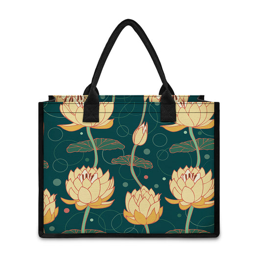 Vintage Lotus Pattern Print Canvas Tote Bag