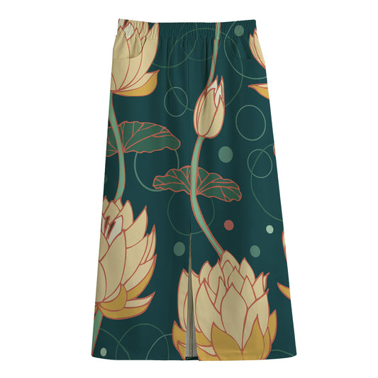 Vintage Lotus Pattern Print Cotton Front Slit Maxi Skirt
