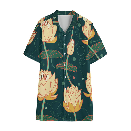 Vintage Lotus Pattern Print Cotton Hawaiian Shirt
