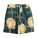 Vintage Lotus Pattern Print Cotton Shorts
