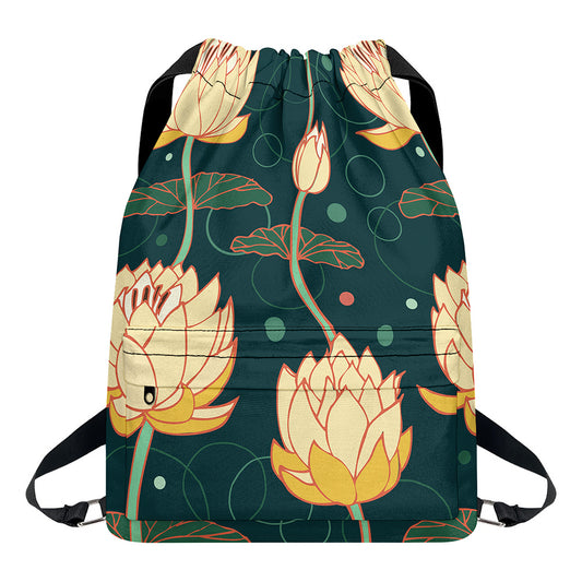 Vintage Lotus Pattern Print Drawstring Backpack