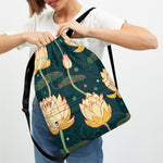 Vintage Lotus Pattern Print Drawstring Backpack