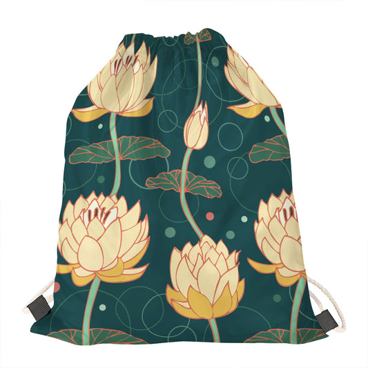 Vintage Lotus Pattern Print Drawstring Bag