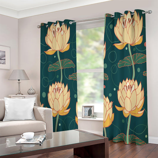 Vintage Lotus Pattern Print Extra Wide Grommet Curtains
