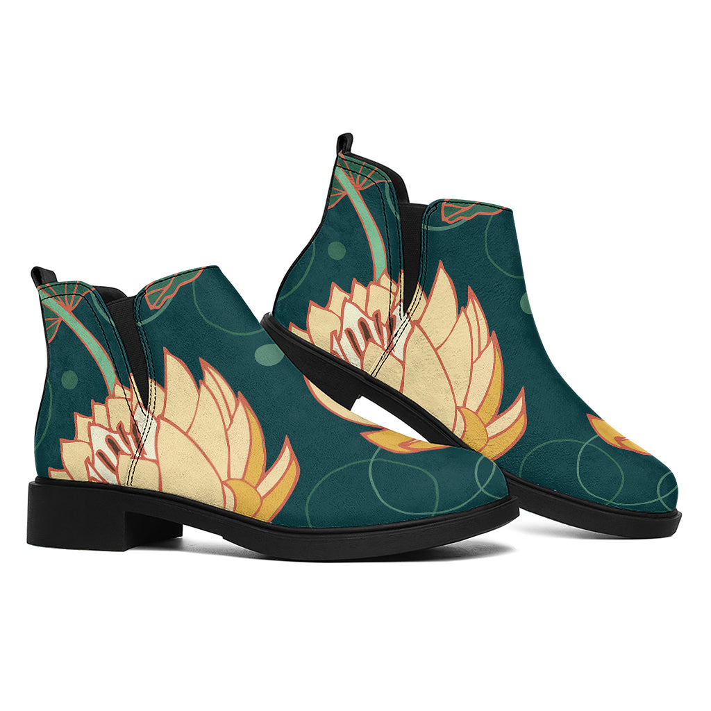 Vintage Lotus Pattern Print Flat Ankle Boots