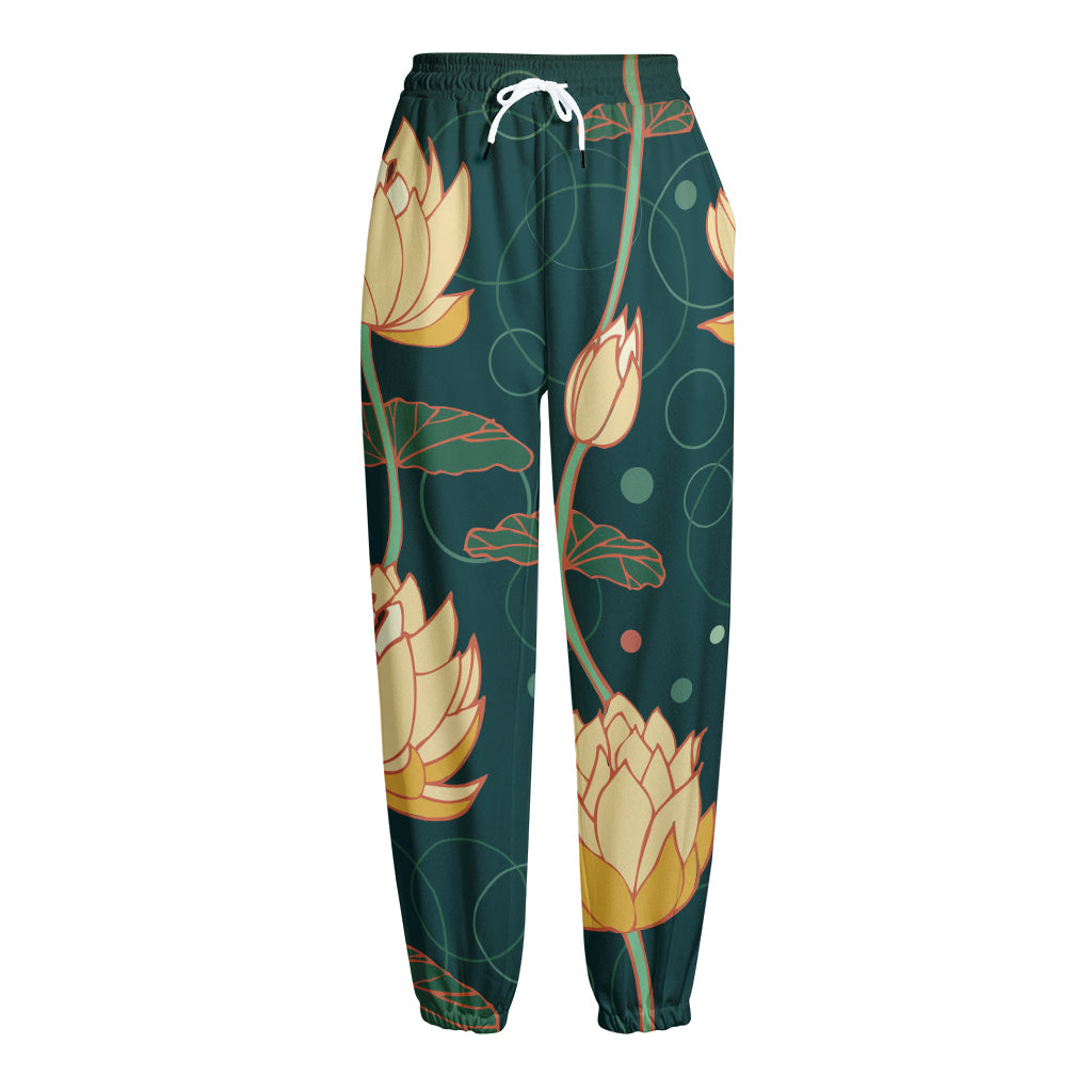 Vintage Lotus Pattern Print Fleece Lined Knit Pants