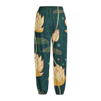 Vintage Lotus Pattern Print Fleece Lined Knit Pants