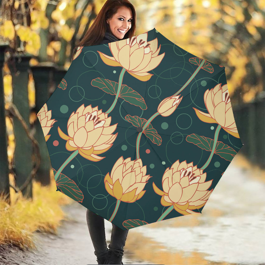 Vintage Lotus Pattern Print Foldable Umbrella